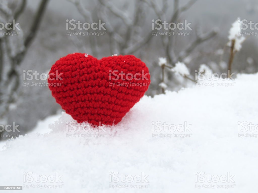Red Knitted Valentine Heart In The Snow On Winter Forest