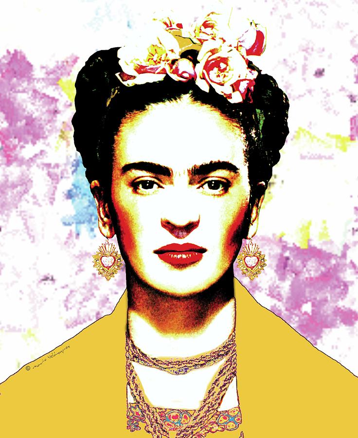 Frida Kahlo With Yellow Rebozo On Brush Strokes Background Digital