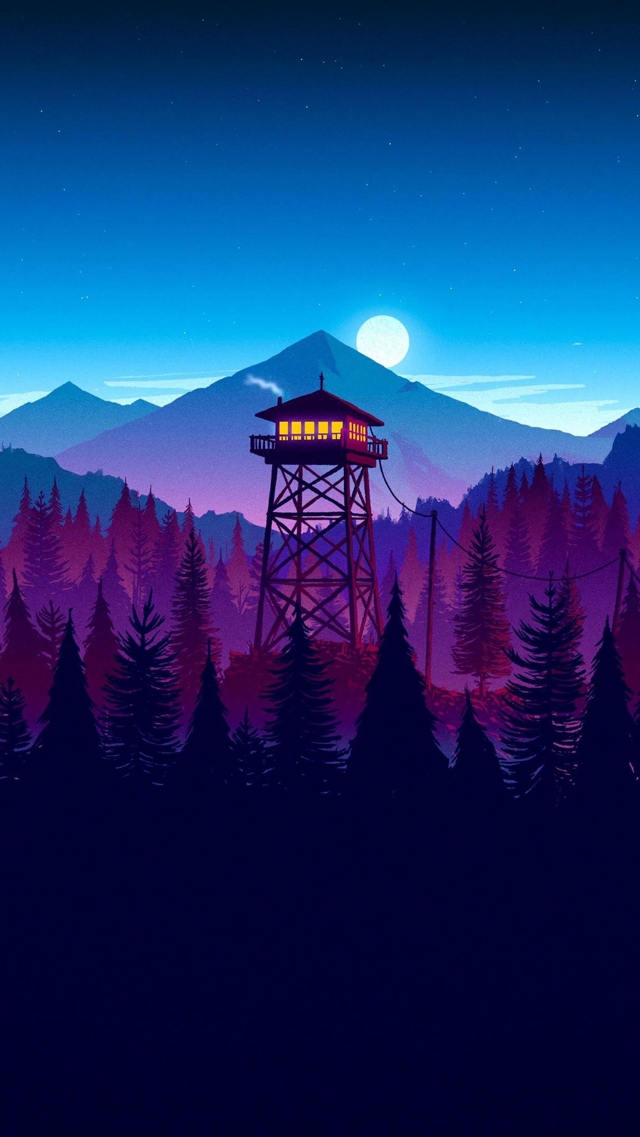 Landscape Mountains Forest Watch Tower Minimalist Digital Art 4k