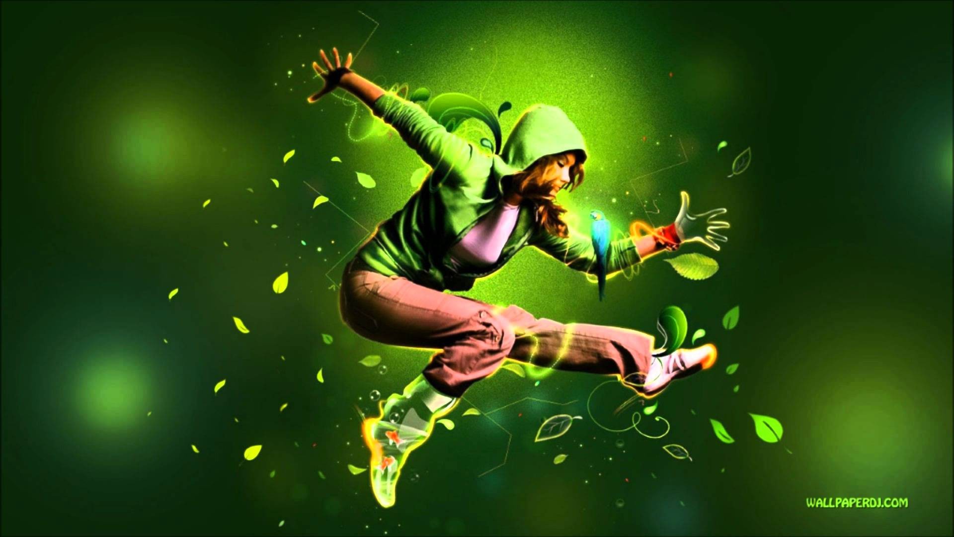 A dynamic dancer leaps through a vibrant green space, surrounded by glowing leaves and a touch of abstract design, creating a cool and energetic PC wallpaper