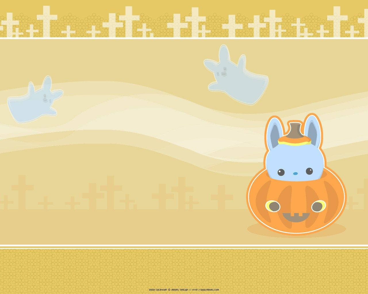 A kawaii Halloween wallpaper featuring a cute blue bunny inside a smiling pumpkin, with ghost bunnies and crosses in the background