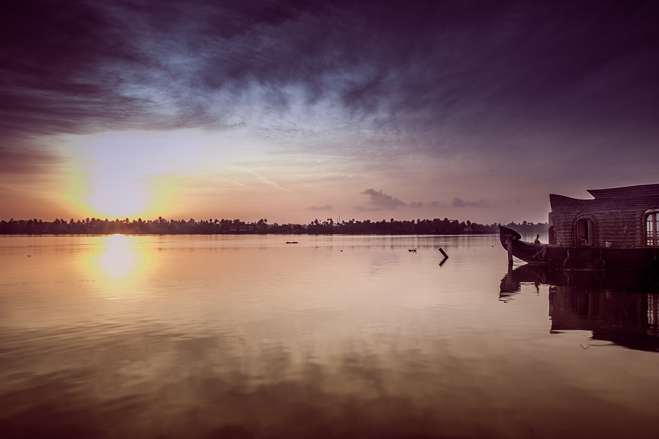 Sunrise Kerala Asia Boathouse Nature Landscape Background