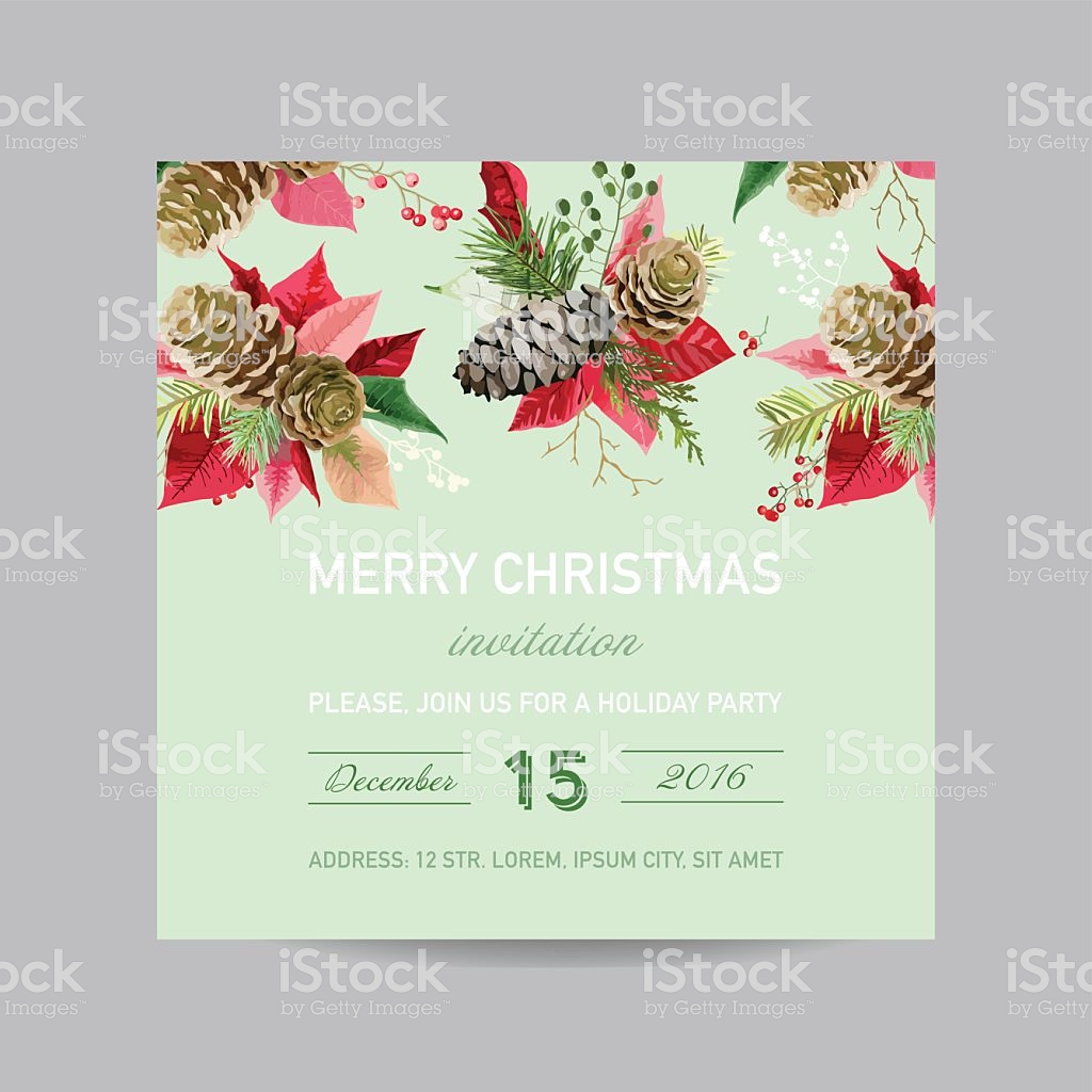 Christmas Invitation Pine And Poinsettia Card Winter Background