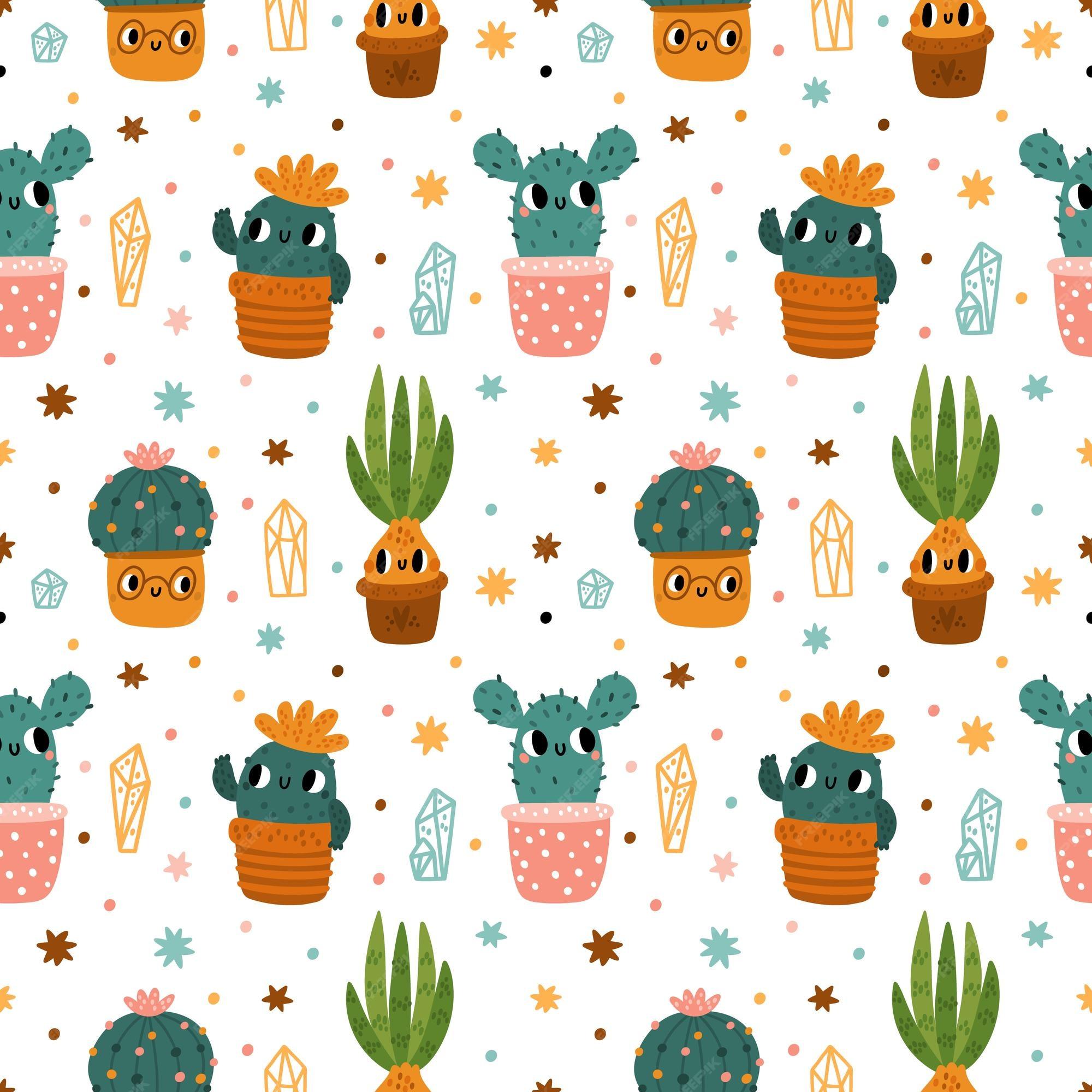 Premium Vector Cute Cactus Seamless Pattern Cartoon Print With