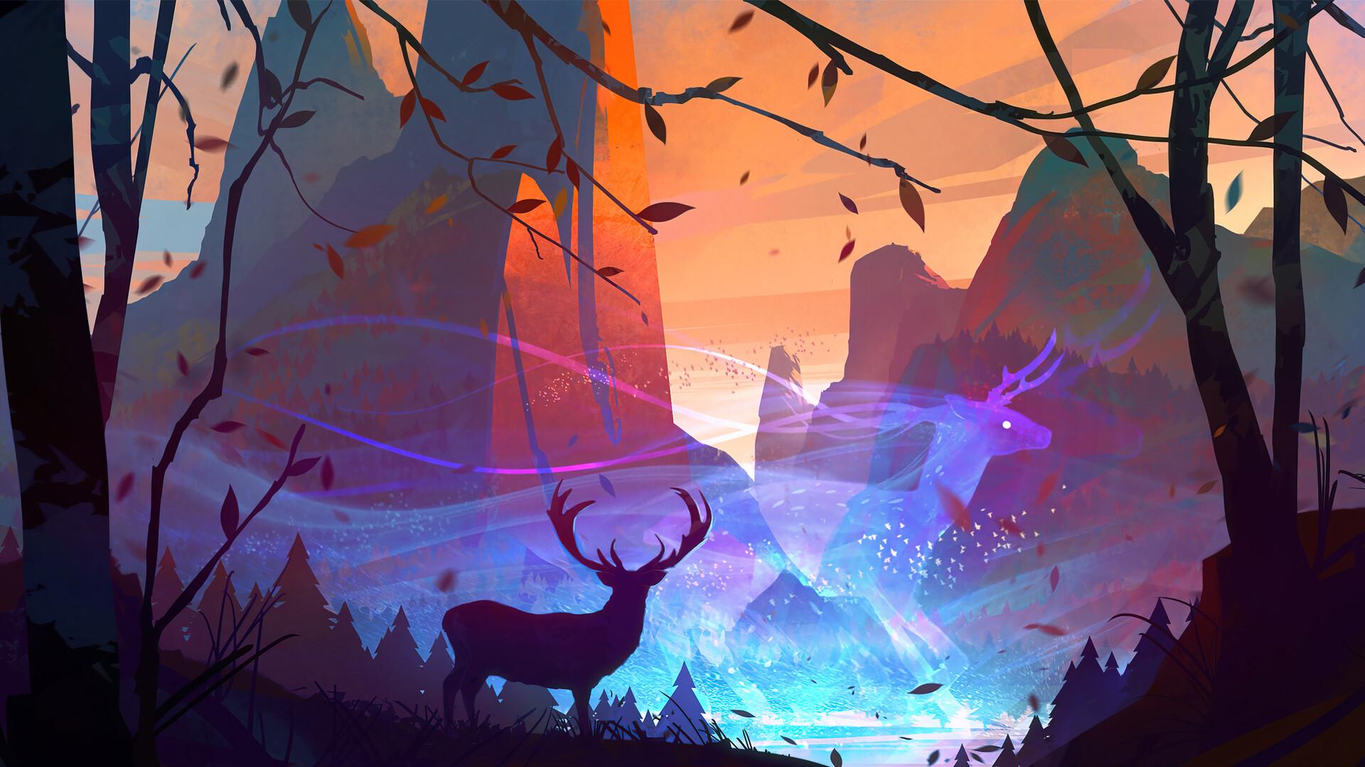 Fantasy Forest Deer Art Wallpaper 4k