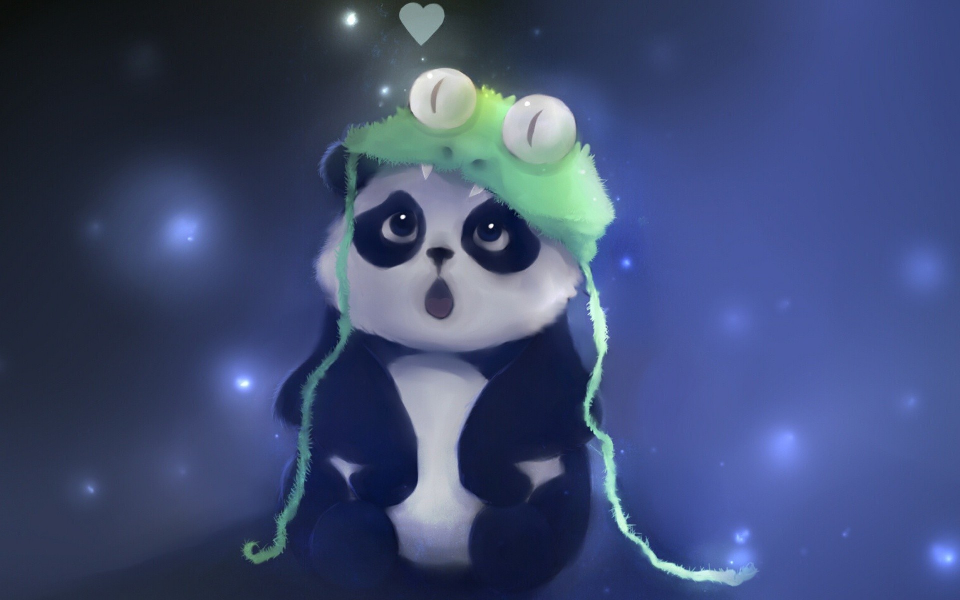 An adorable baby panda wearing a fuzzy green frog hat, looking slightly surprised against a dark blue background with sparkling lights