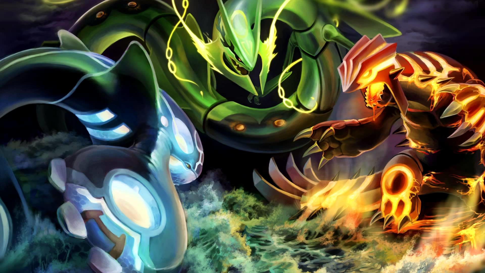 Epic battle between Kyogre, Rayquaza, and Groudon legendary Pokemon