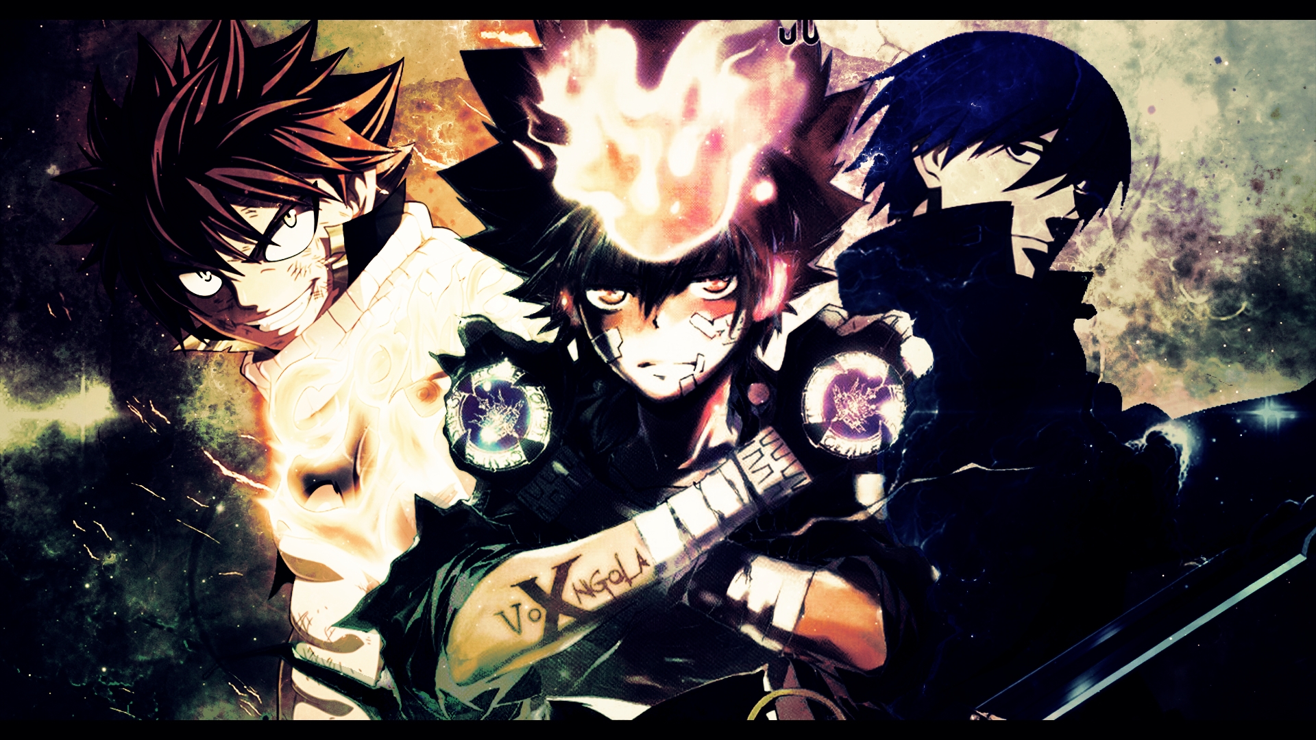 A cool anime wallpaper featuring three popular anime characters in dynamic poses, with fiery effects and a dark, cosmic background