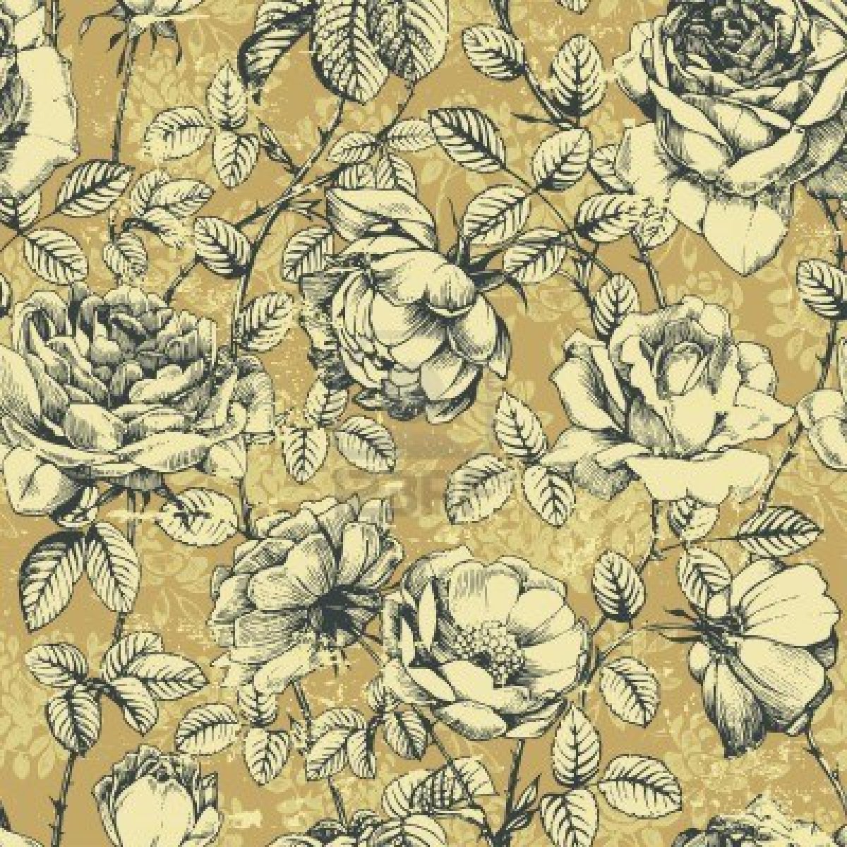 Vintage Floral Patterns Grasscloth Wallpaper