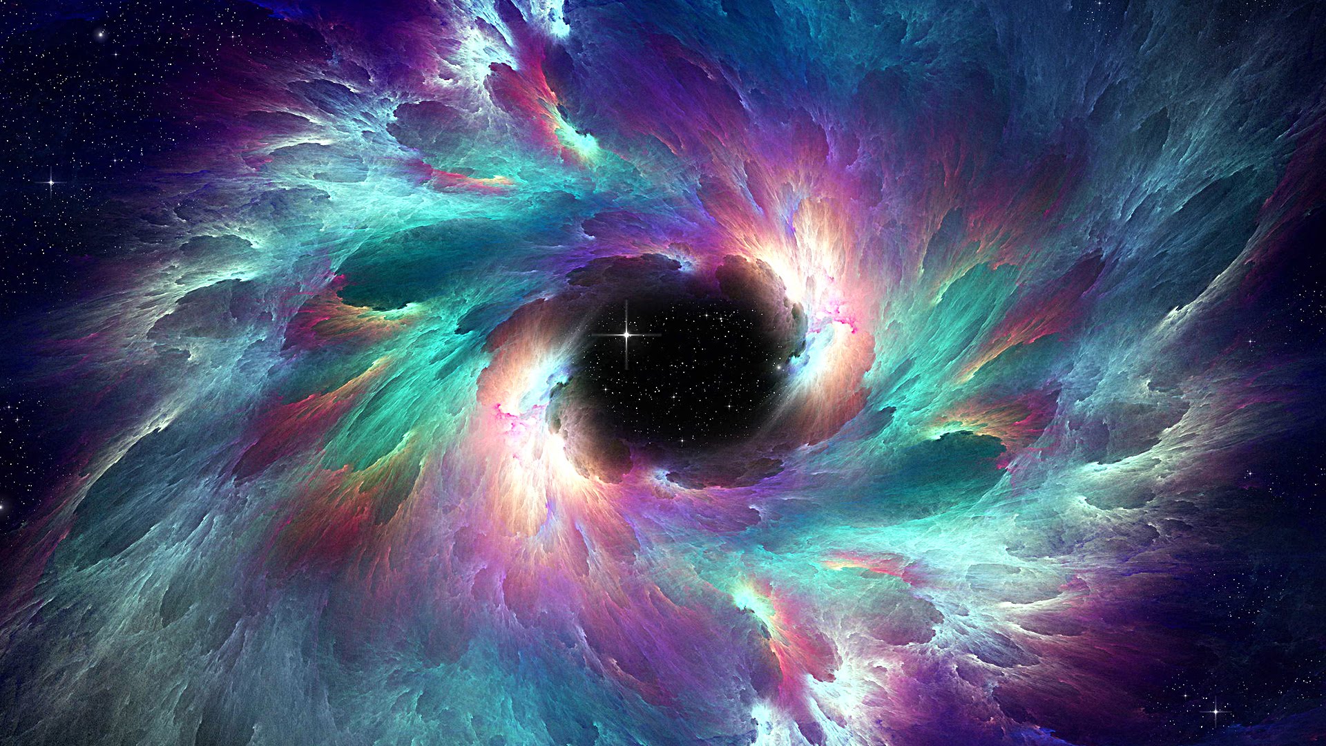 A mesmerizing depiction of a swirling nebula in vibrant hues of purple, teal, and pink, surrounding a dark void speckled with distant stars. Perfect for an outer space wallpaper
