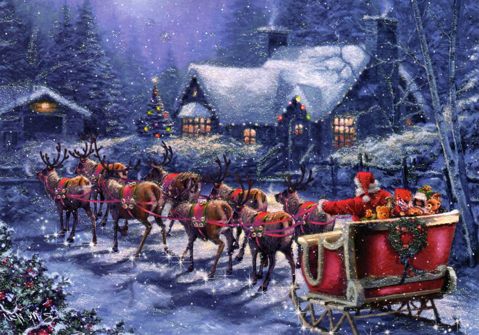 Santa Claus and his reindeer fly through a snowy Christmas village, delivering presents