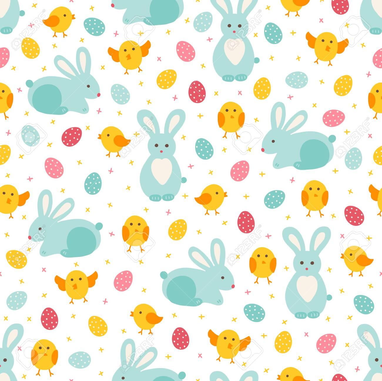 Easter Seamless Pattern With Rabbits Chicken And Eggs Perfect