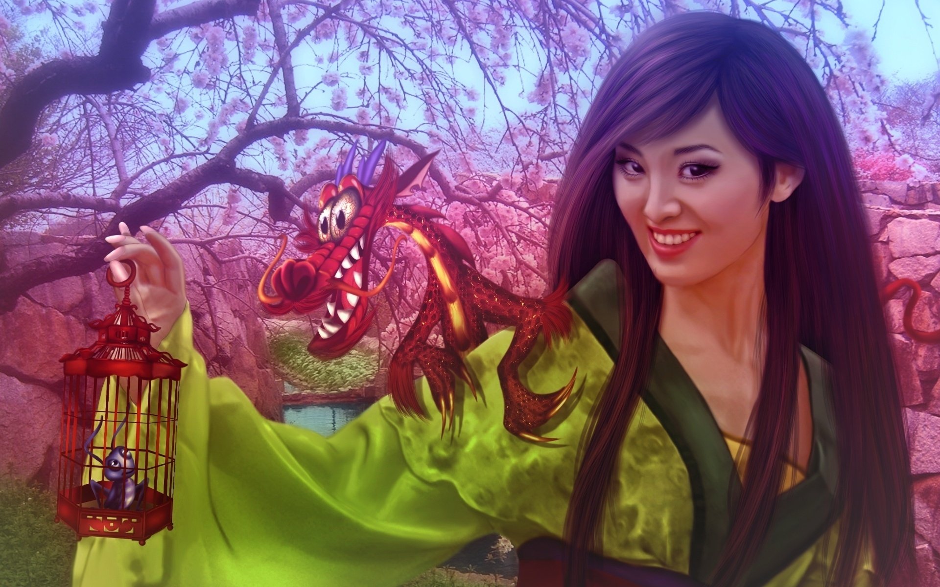 A vibrant illustration of Mulan, inspired by the Disney movie, holding a cricket cage and accompanied by Mushu the dragon, set against a backdrop of cherry blossoms