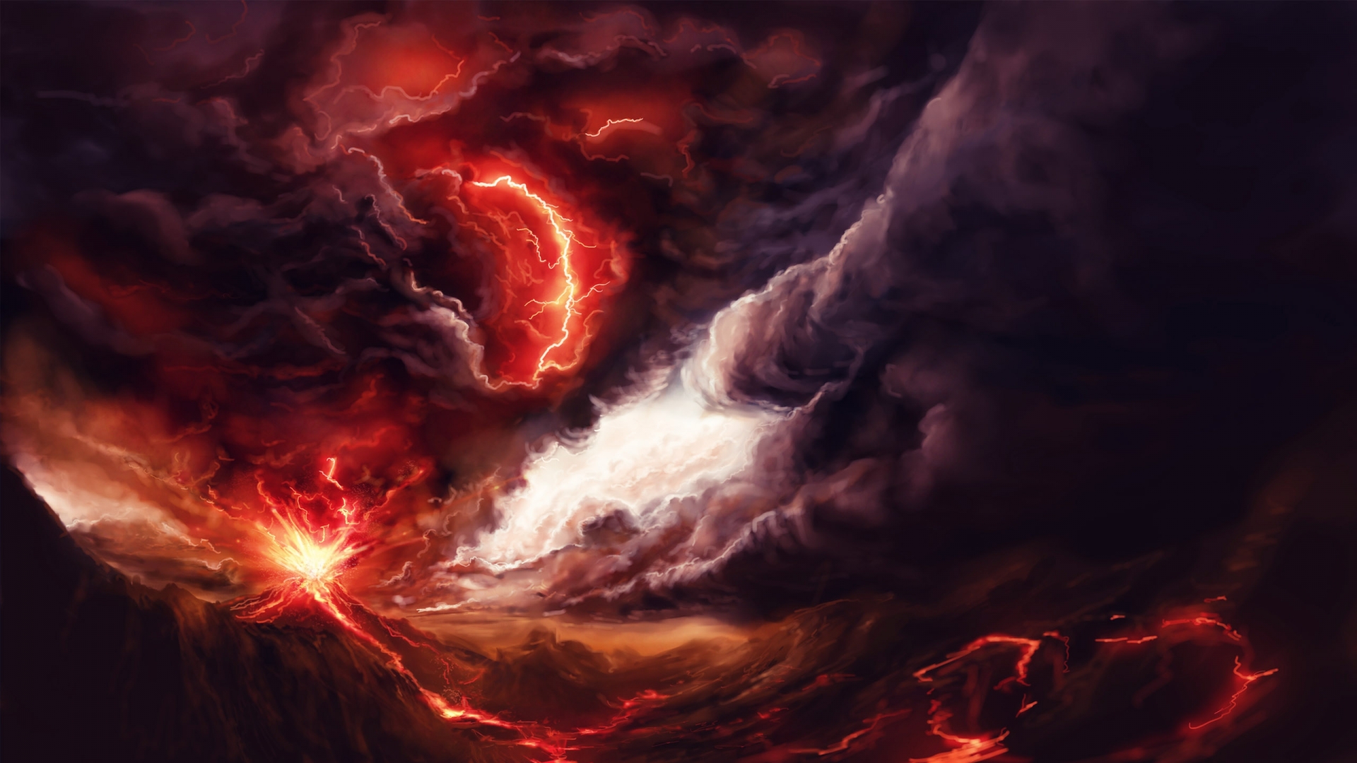 Art Volcano Explosion Fire Smoke Mountains Lightning Storm Wallpaper