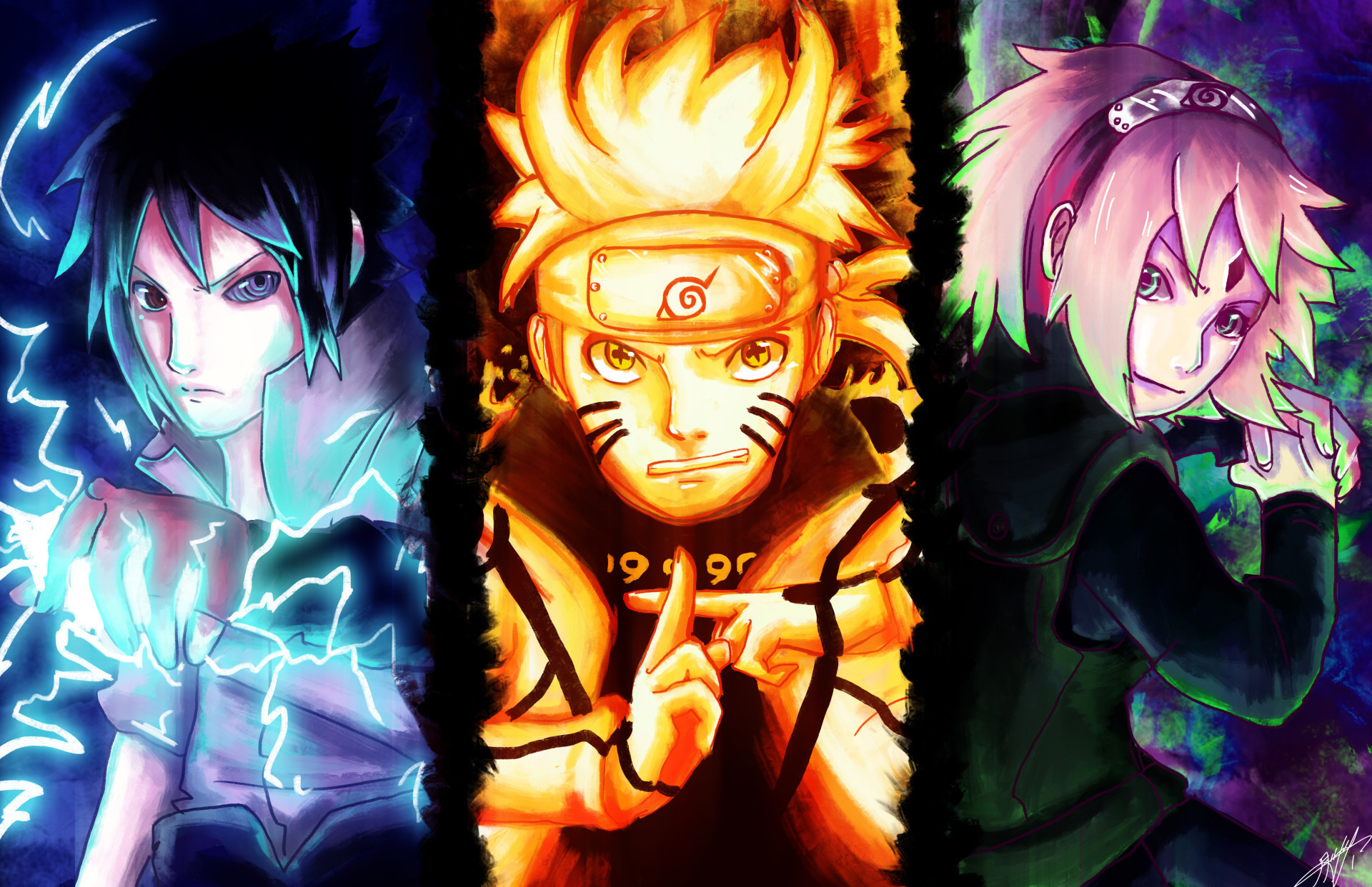 Naruto, Sasuke, and Sakura in a dynamic pose, showcasing their chakra natures: lightning, fire, and healing