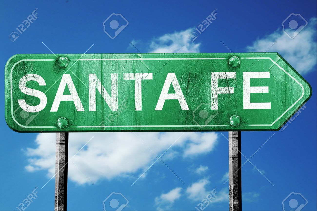 Santa Fe Road Sign On A Blue Sky Background Stock Photo Picture