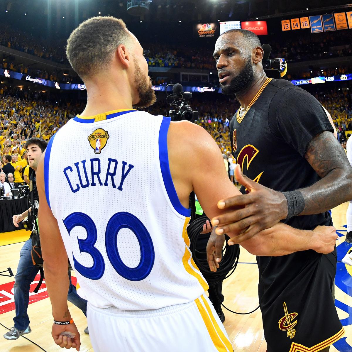 LeBron James and Stephen Curry shake hands after an intense NBA Finals game