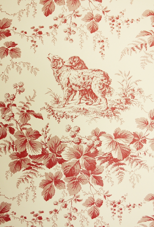 Wallpaper In Red On Cream Featuring Pedigree Dogs And Blackberry Vines