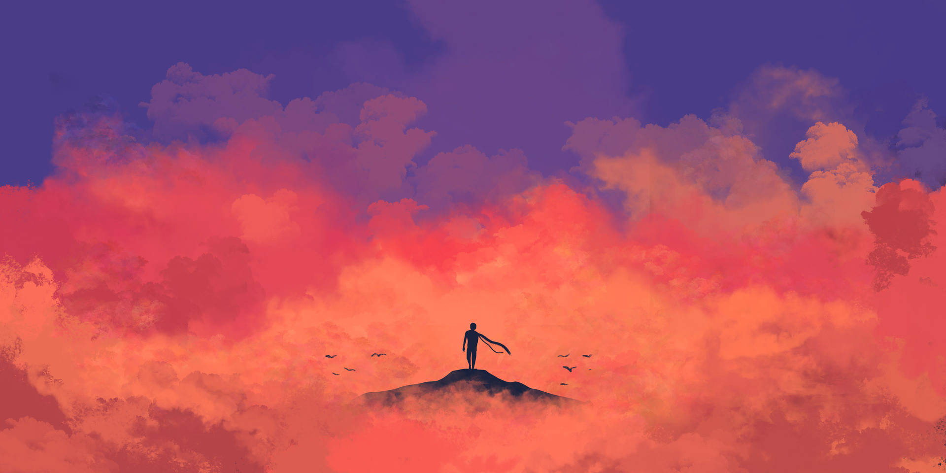 Silhouette of a person standing on a hilltop against a vibrant sunset sky with scattered birds, minimalist style