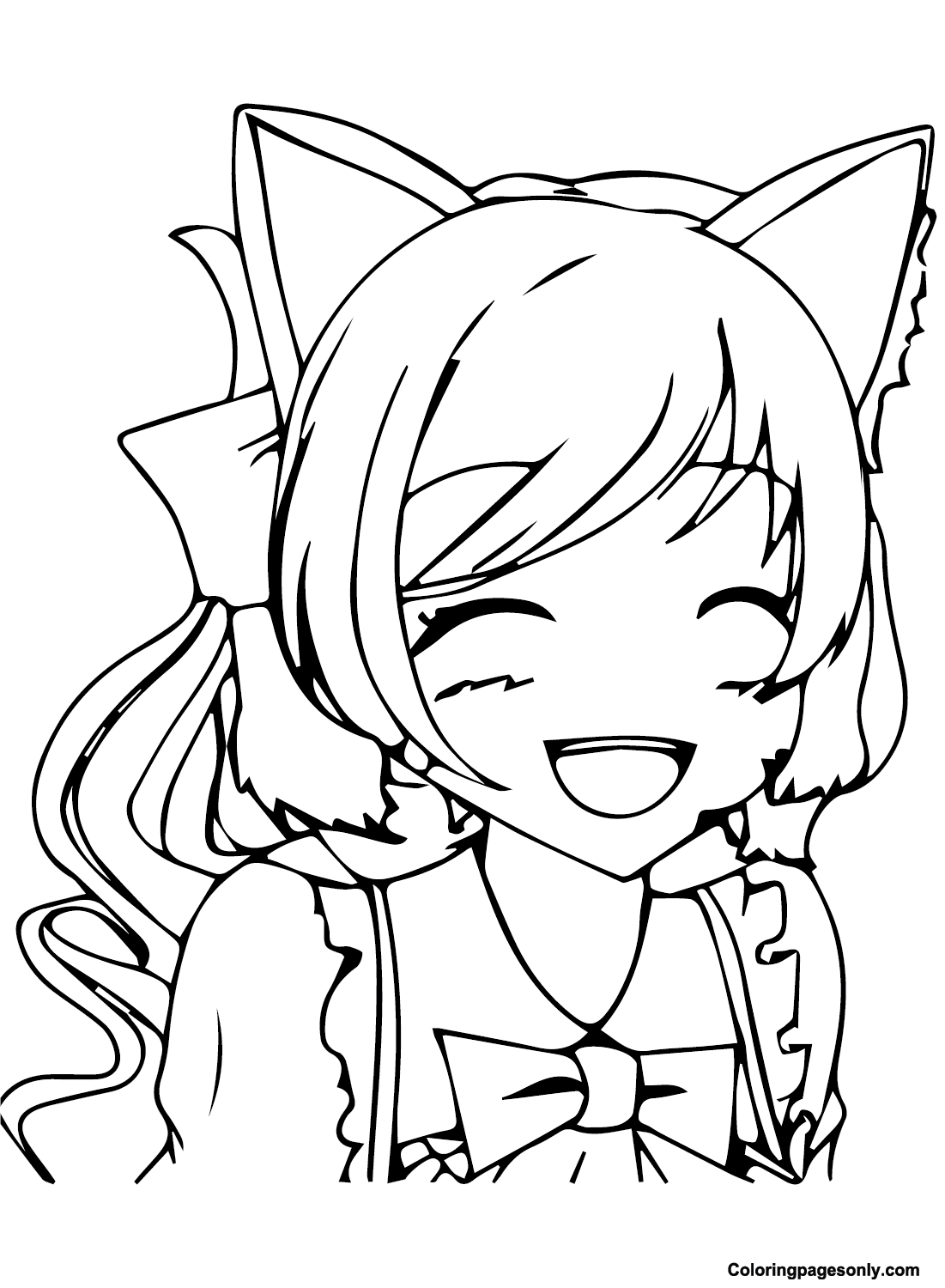 A cheerful anime-style girl with cat ears and a playful smile in a coloring page style