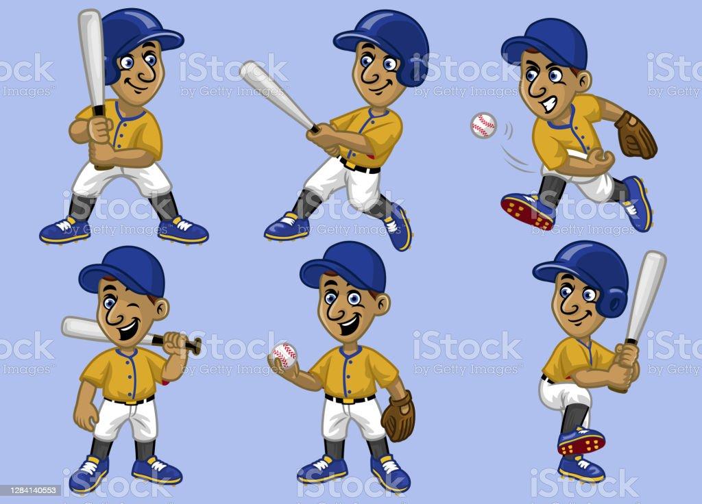 Set Collection Cartoon Boy Baseball Player Stock Illustration
