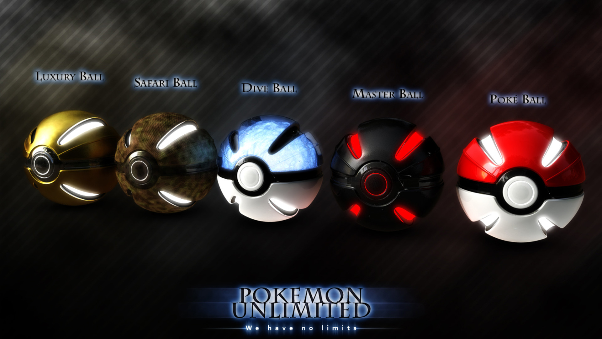 A collection of stylized Poké Balls, including Luxury Ball, Safari Ball, Dive Ball, Master Ball, and Poké Ball, against a dark background with the title 'Pokémon Unlimited.'