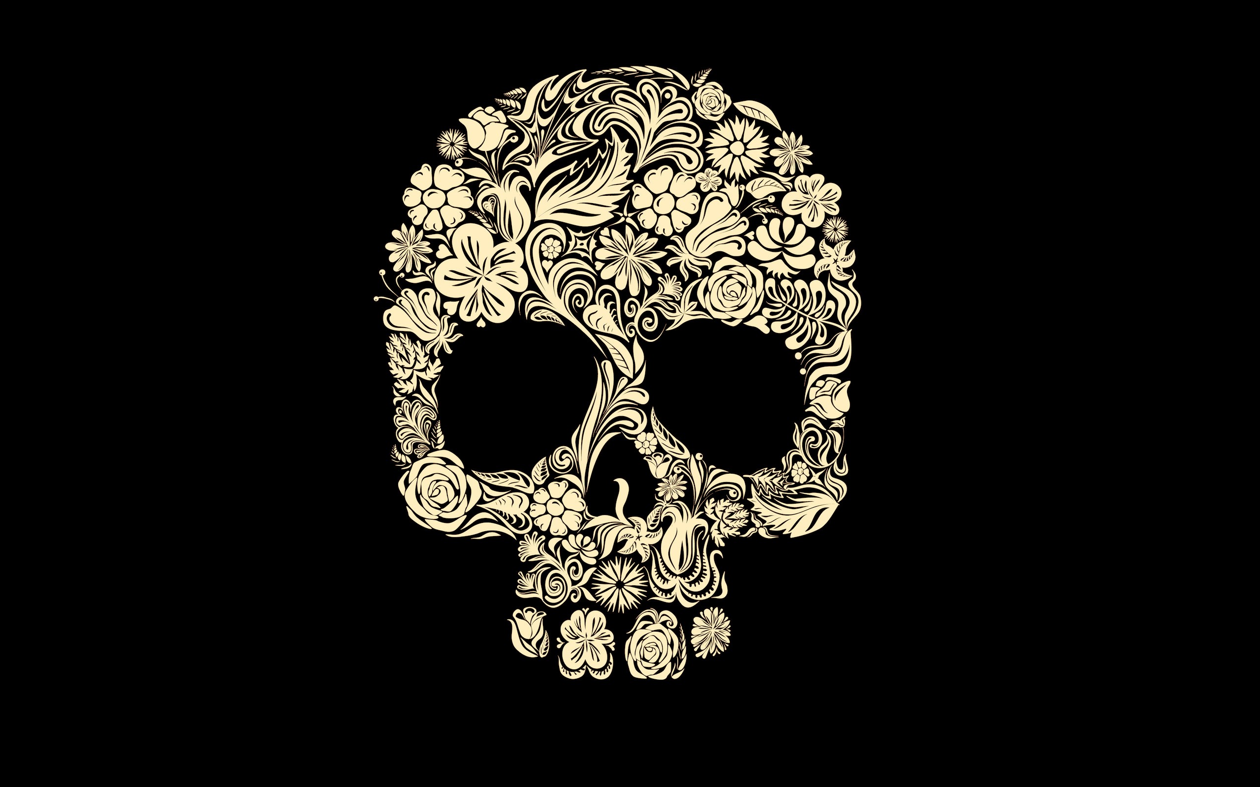 Skulls Floral Wallpaper Black Background