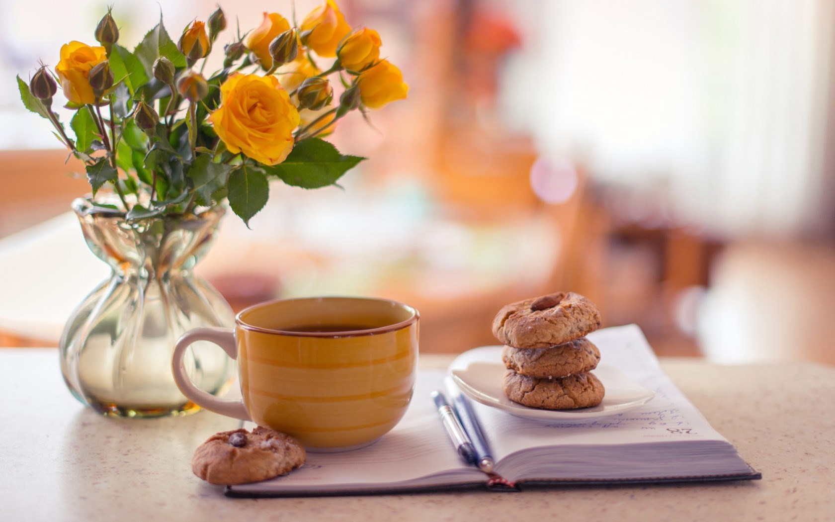 Pretty Cup Of Tea Book Cookies And Flower Wallpaper
