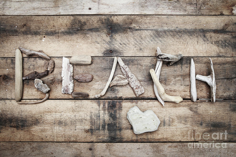 Beach Sign Made Of Driftwood On A Wooden Background Photograph By