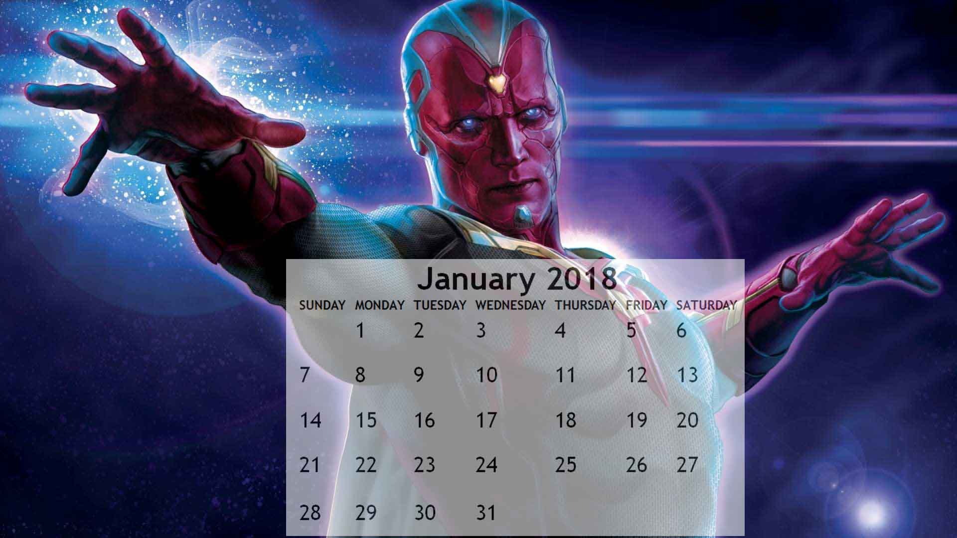 January 2018 Marvel Superheroes Printable Calendar 1920x1080