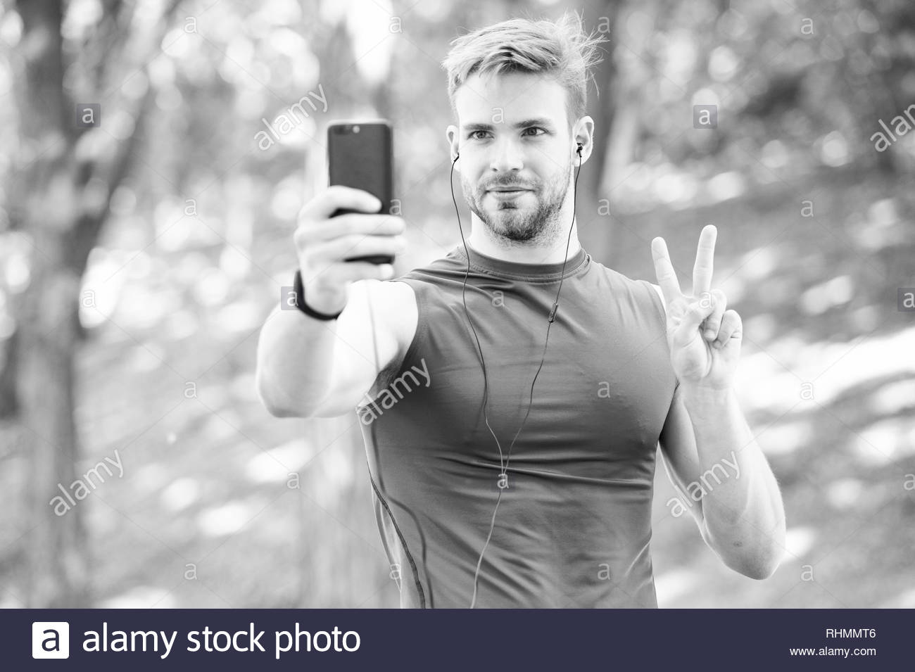 Man Athlete Concentrated Face Take Smartphone Photo Nature