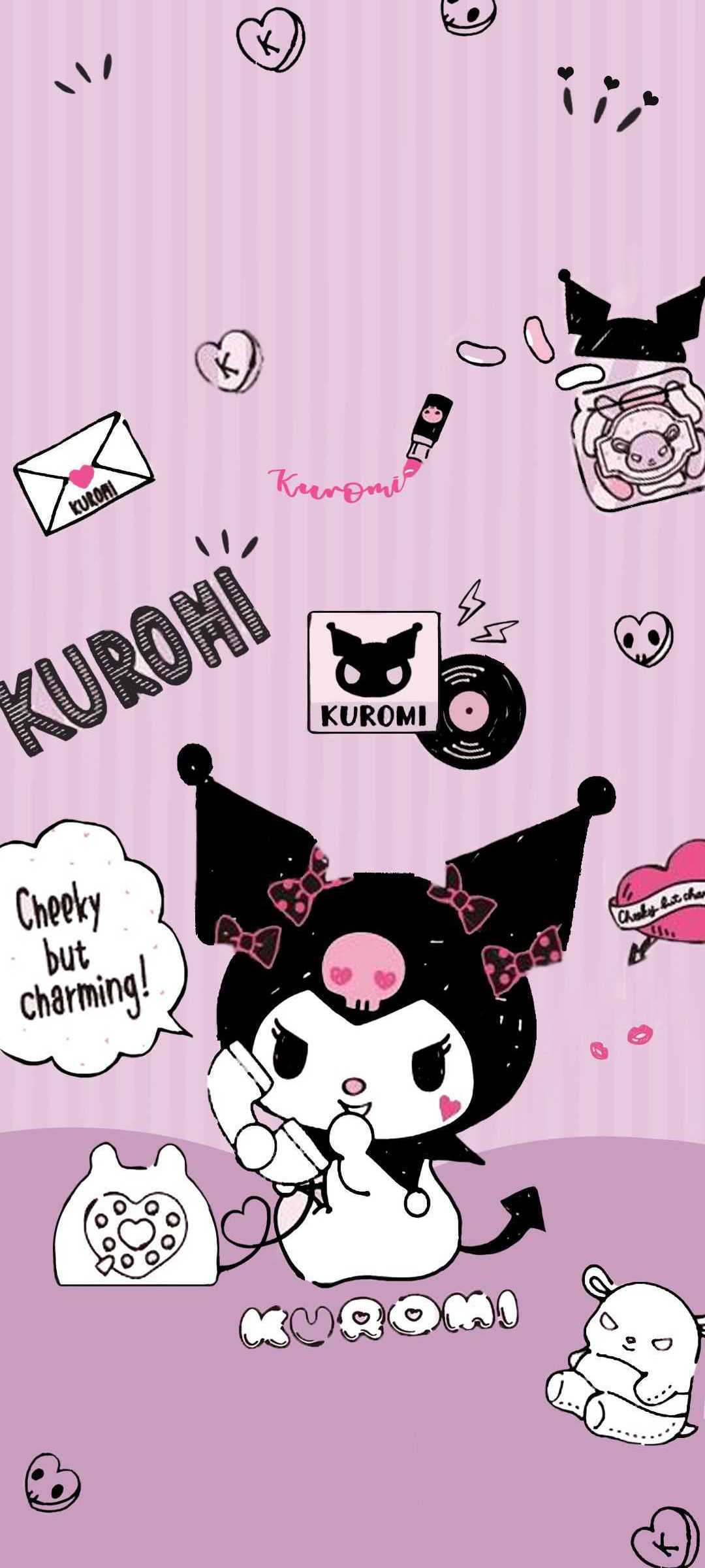Kuromi from Sanrio's My Melody, in a cute and mischievous pose, against a pastel purple background with themed icons