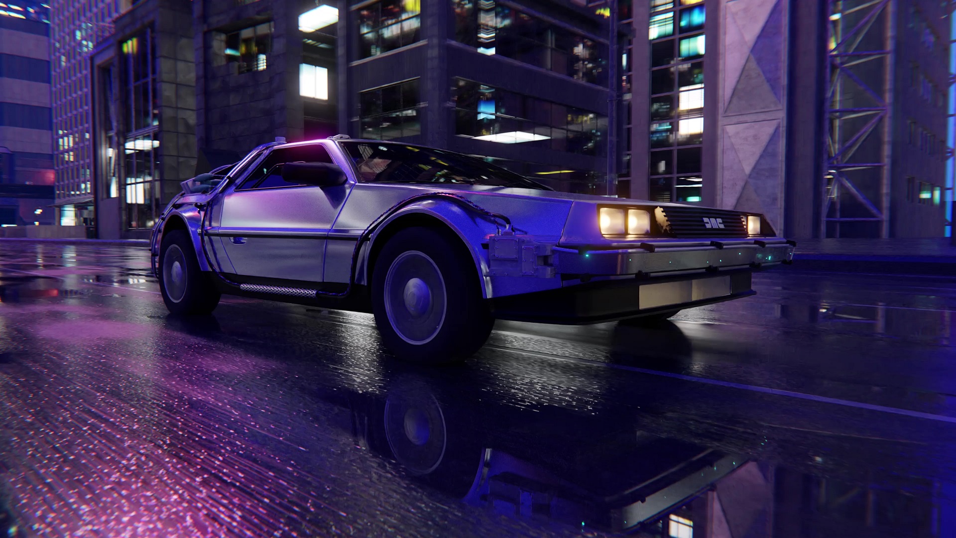 A futuristic, silver sports car, reminiscent of the DeLorean from Back to the Future, speeds down a rain-slicked city street at night, reflecting in the wet pavement. The cityscape glows with neon and electric lights, creating a vibrant cyberpunk atmosphere