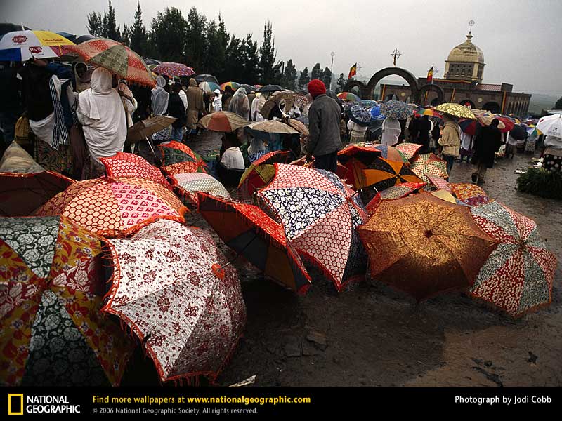 Cluster Of Ornate Umbrellas Enlivens A Dreary Day In Addis Ababa As