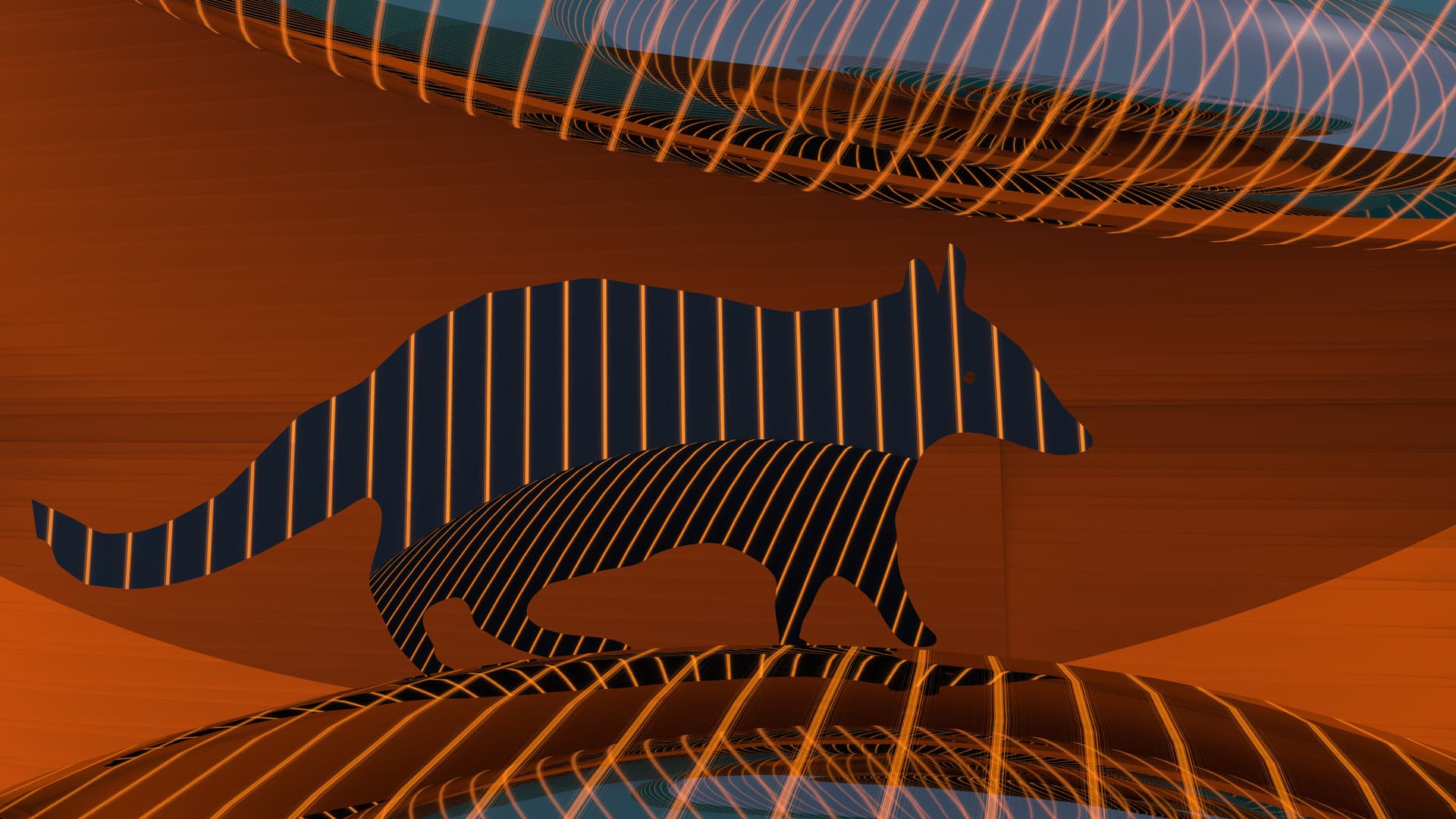 A stylized digital artwork featuring a numbat, highlighted with glowing orange stripes against a dark, abstract background
