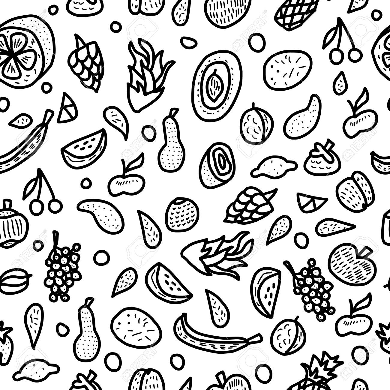 Fruit Vector Seamless Pattern In Doodle Style Endless Background