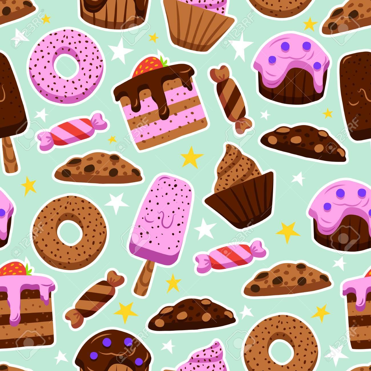 Vector Seamless Pattern Of Sweets In The Doodles Style Wallpaper