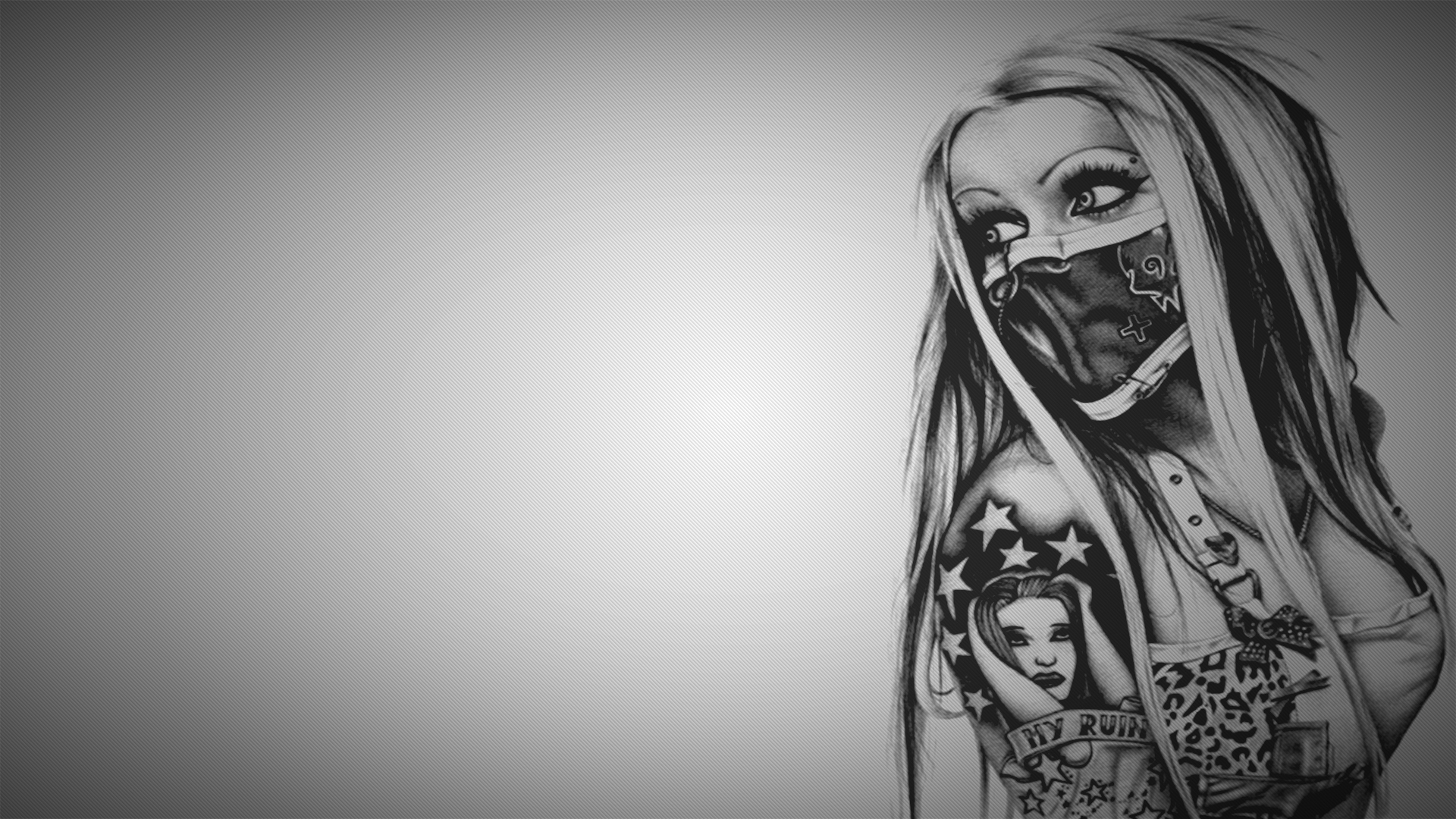 Beautiful Girl Tattoo Arm Black And White Painting Wallpaper