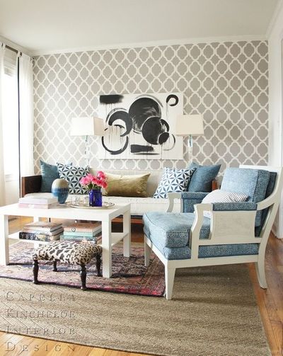 Trellis Wallpaper Or Stencil White And Grey Living Room With Blue
