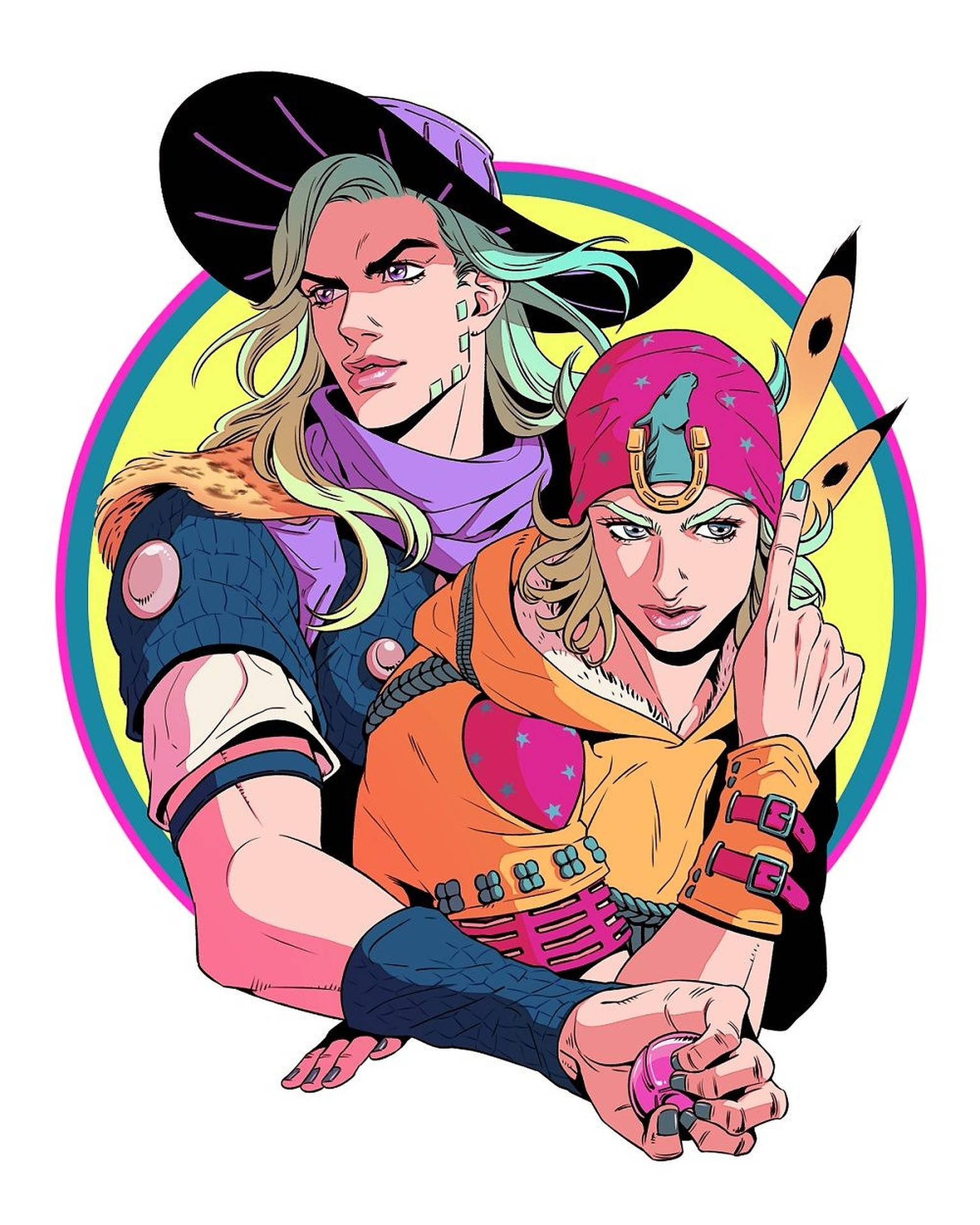 Fan art of two characters, possibly from an anime or manga series, in a dynamic and colorful pose. One character wears a wide-brimmed hat and a purple scarf, while the other sports a bandana and a more vibrant outfit. The style is bold and graphic