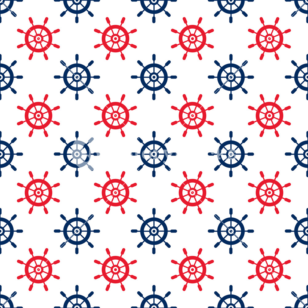 Nautical Red And Blue Steering Wheel Pattern On A White Background