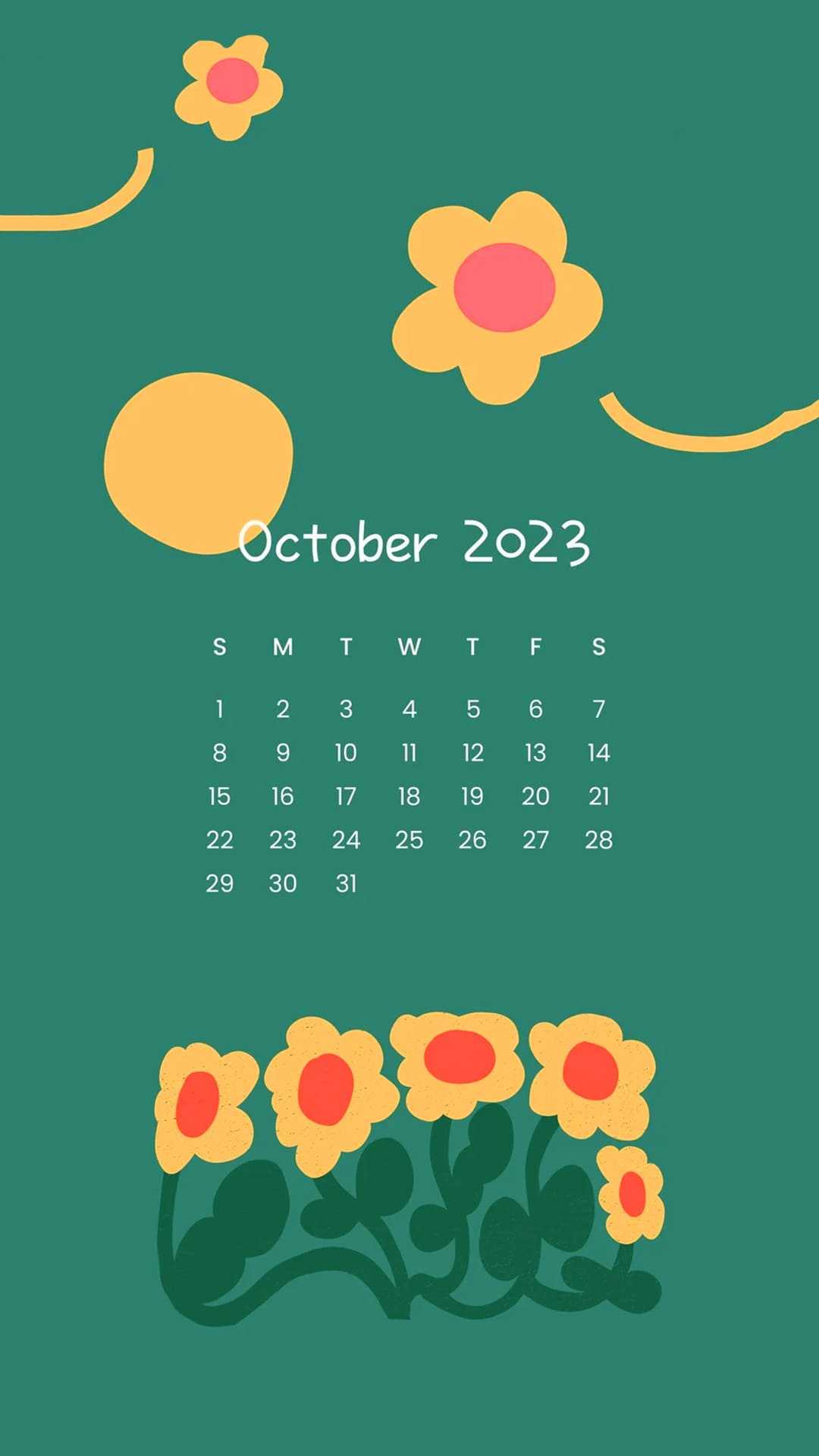 October 2023 calendar with floral design on a green background