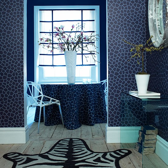 Free download Blue hallway with matching wallpaper and fabric Modern