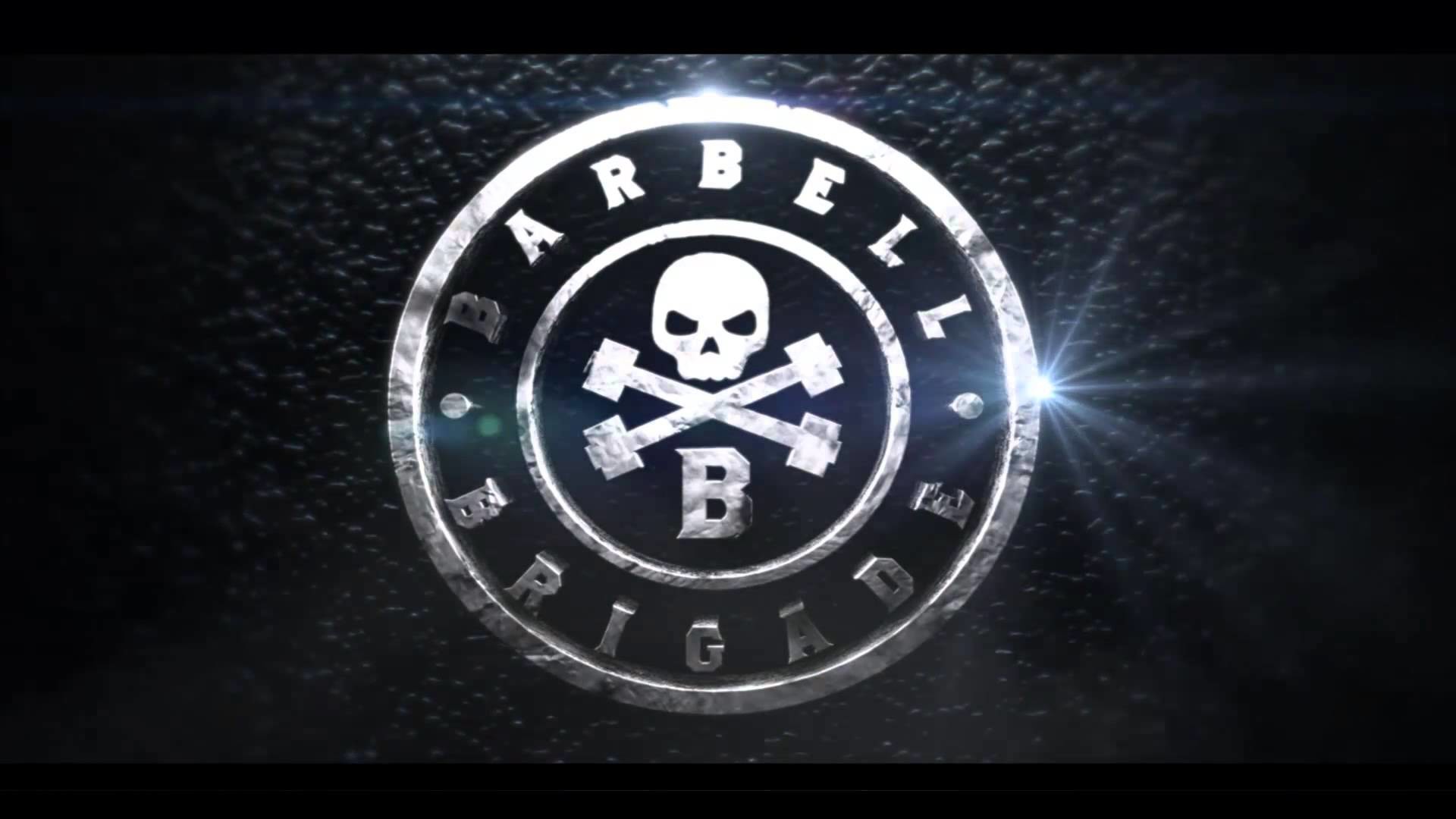 A metallic logo for Barbell Brigade, featuring a skull and crossbones with barbells, against a dark textured background, suitable for Crossfit enthusiasts