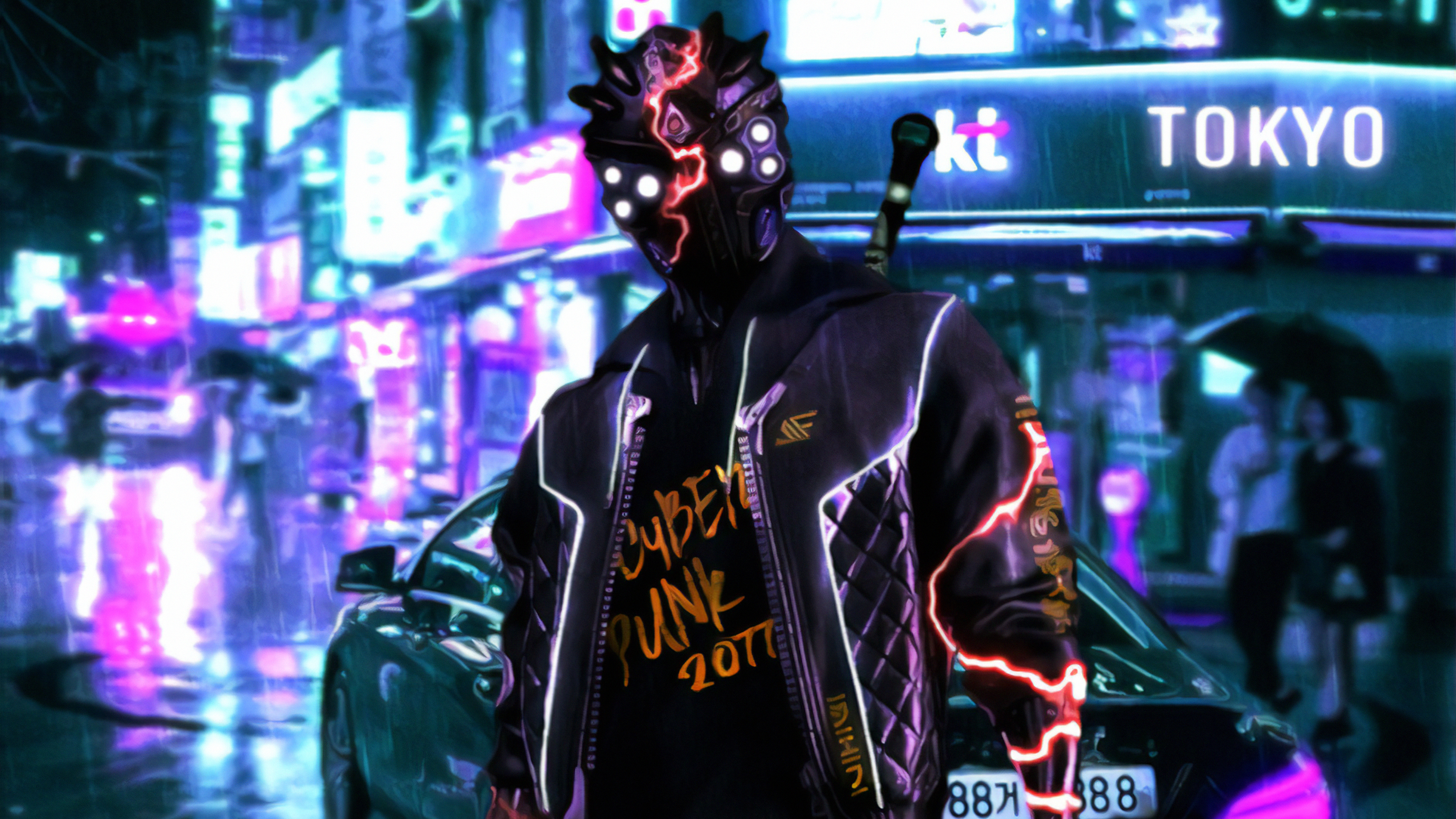A cyberpunk figure stands in a neon-lit Tokyo street, rain falling around a sleek car. Their jacket glows with electric lines, and their mask features glowing eyes