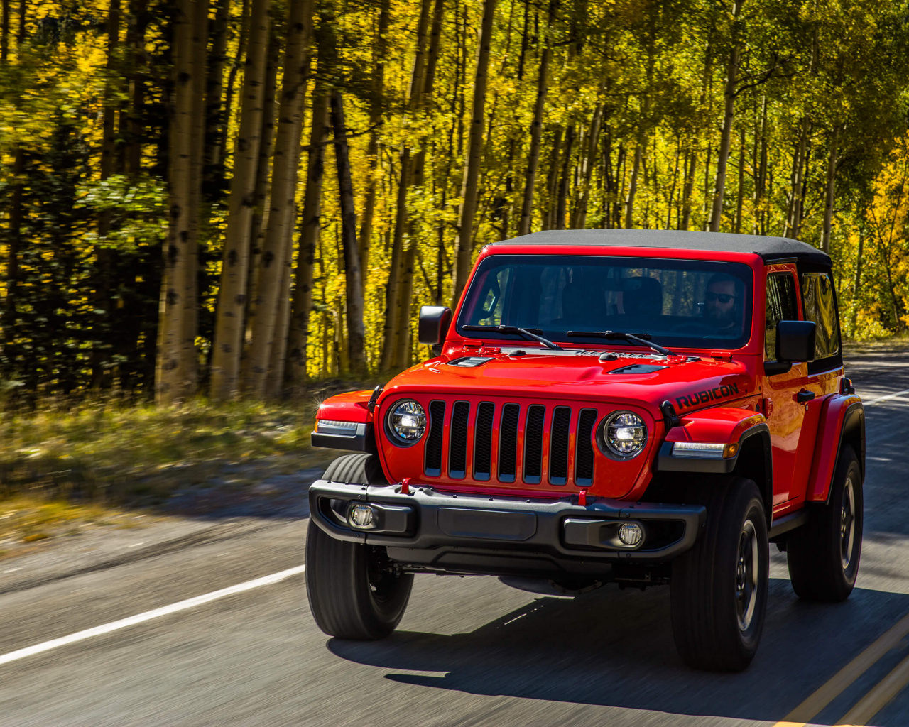 Download Jeep Wrangler Rubicon red on road wallpaper 1280x1024