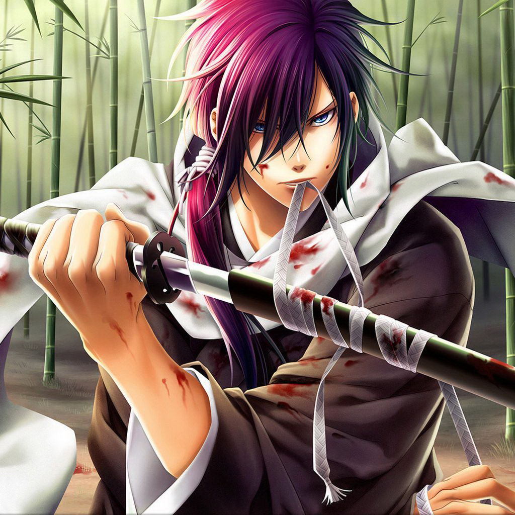 A cool anime wallpaper featuring a fierce warrior with vibrant purple hair, wielding a katana in a bamboo forest