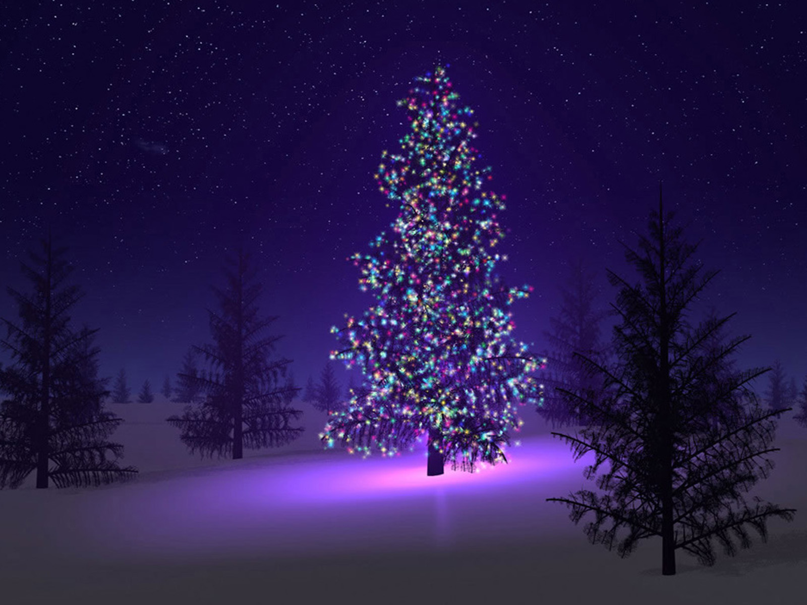 A brightly lit Christmas tree stands in a snowy forest under a starry night sky