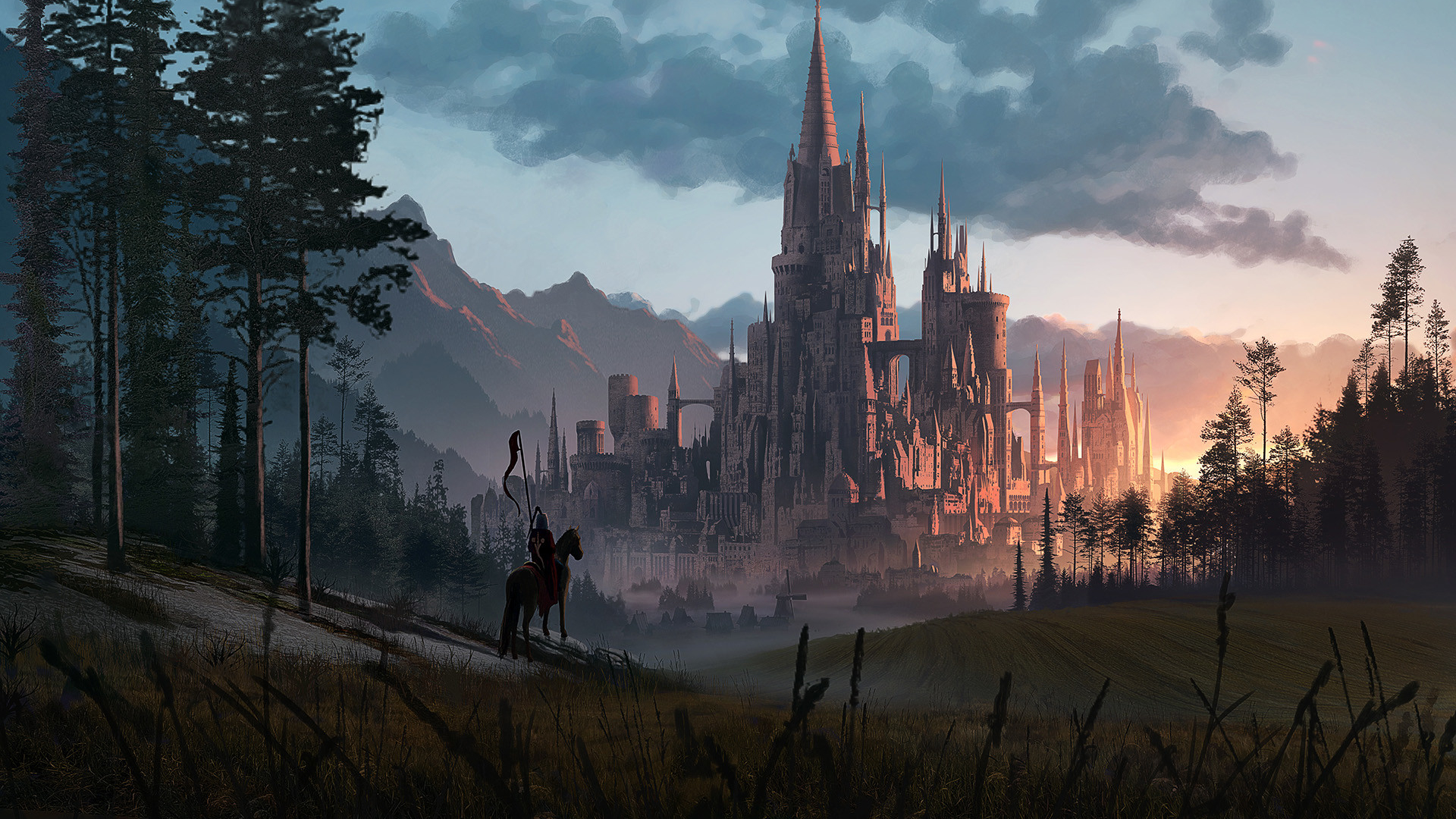 A majestic castle at sunset, viewed from a grassy field with a lone knight on horseback