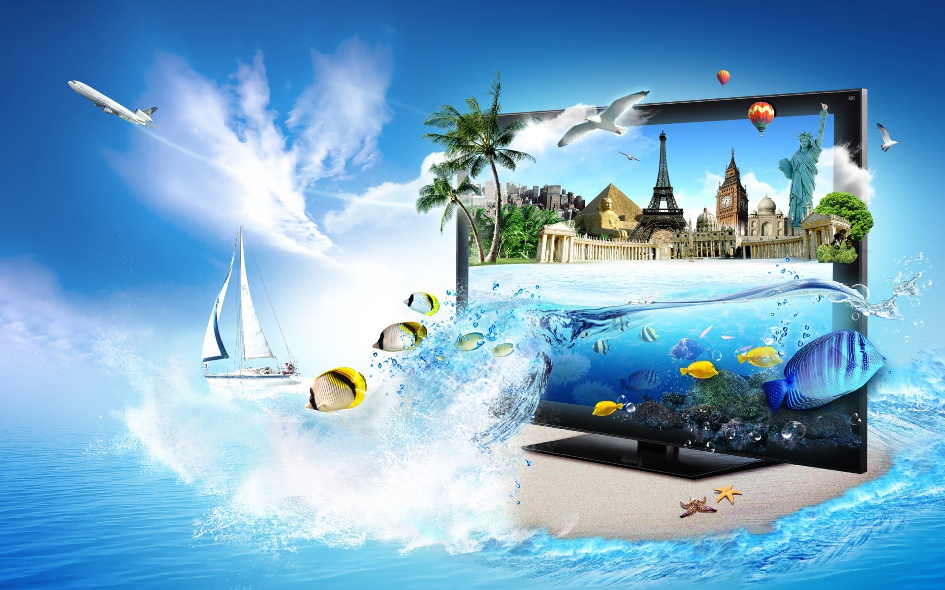 3D Desktop Wallpaper featuring a TV screen displaying world landmarks and underwater scenery, with a sailboat, airplane, and tropical fish in the foreground
